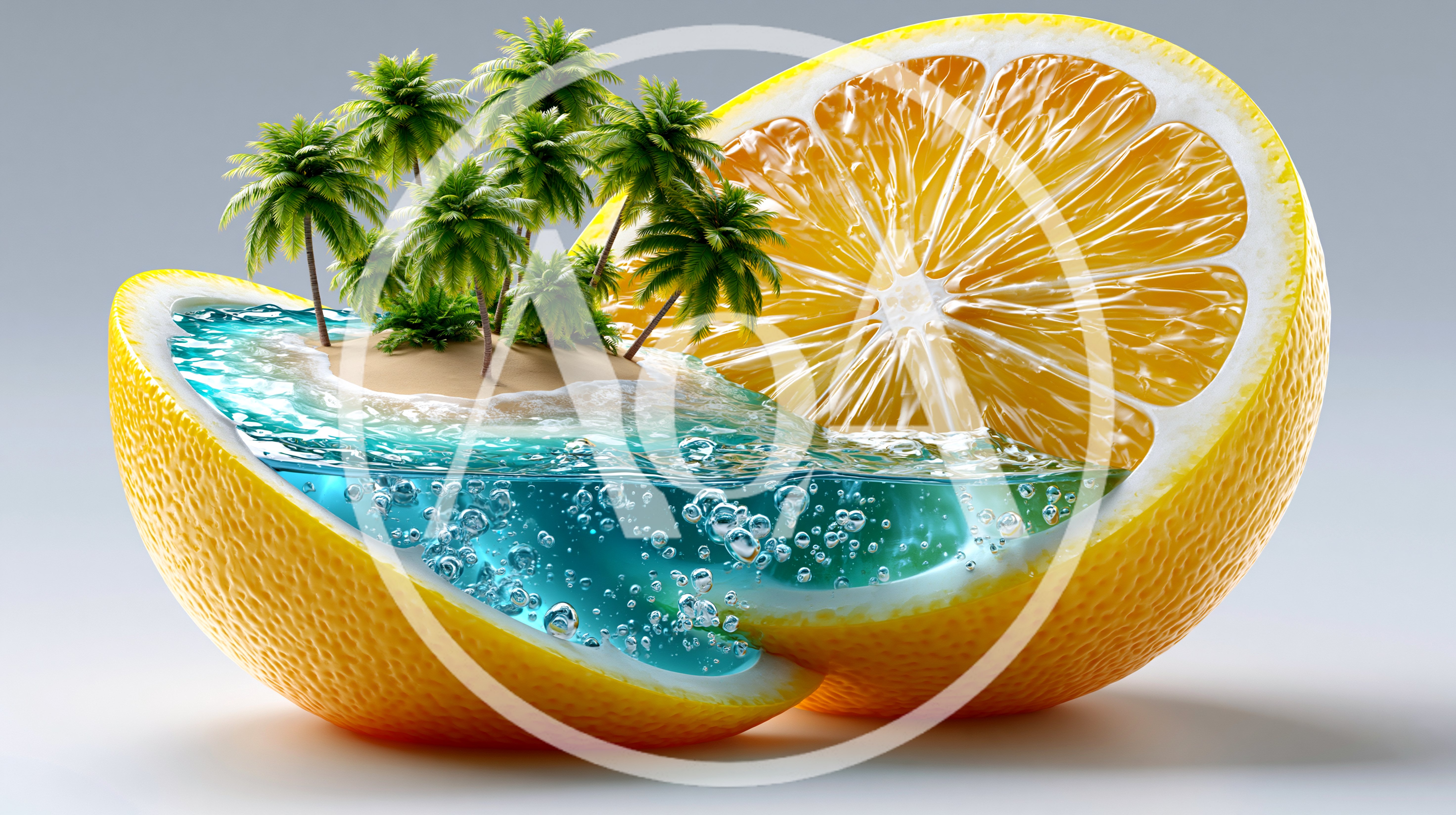 Surreal Tropical Island Inside A Sliced Orange