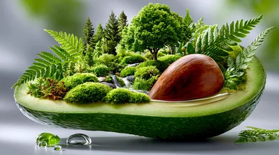 Surreal Miniature Forest Landscape Inside A Halved Avocado