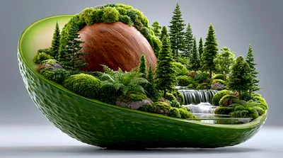 Surreal Avocado Half Containing A Miniature Forest Landscape