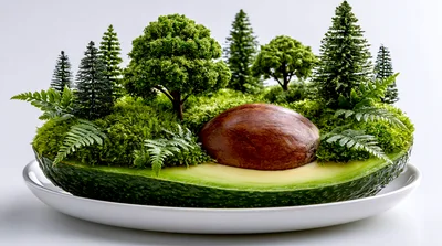 Avocado Half Styled As A Miniature Forest Landscape