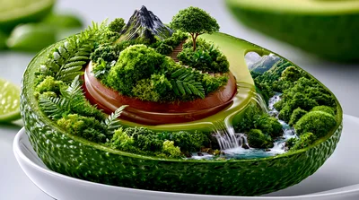 Surreal Avocado Landscape With Miniature Forest And Waterfall