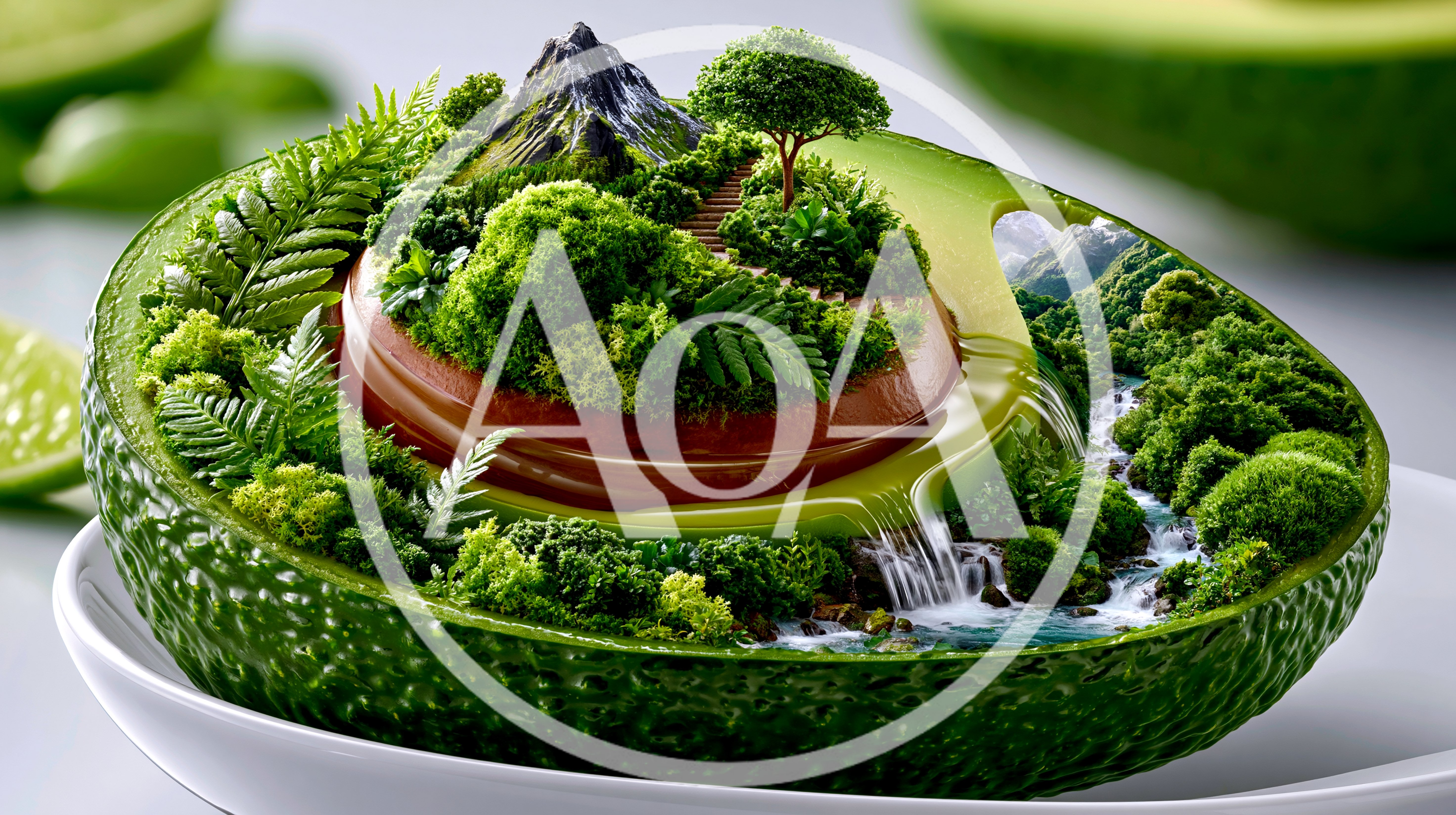Surreal Avocado Landscape With Miniature Forest And Waterfall
