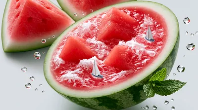 Surreal Watermelon Half With Miniature Sailboats And Waves