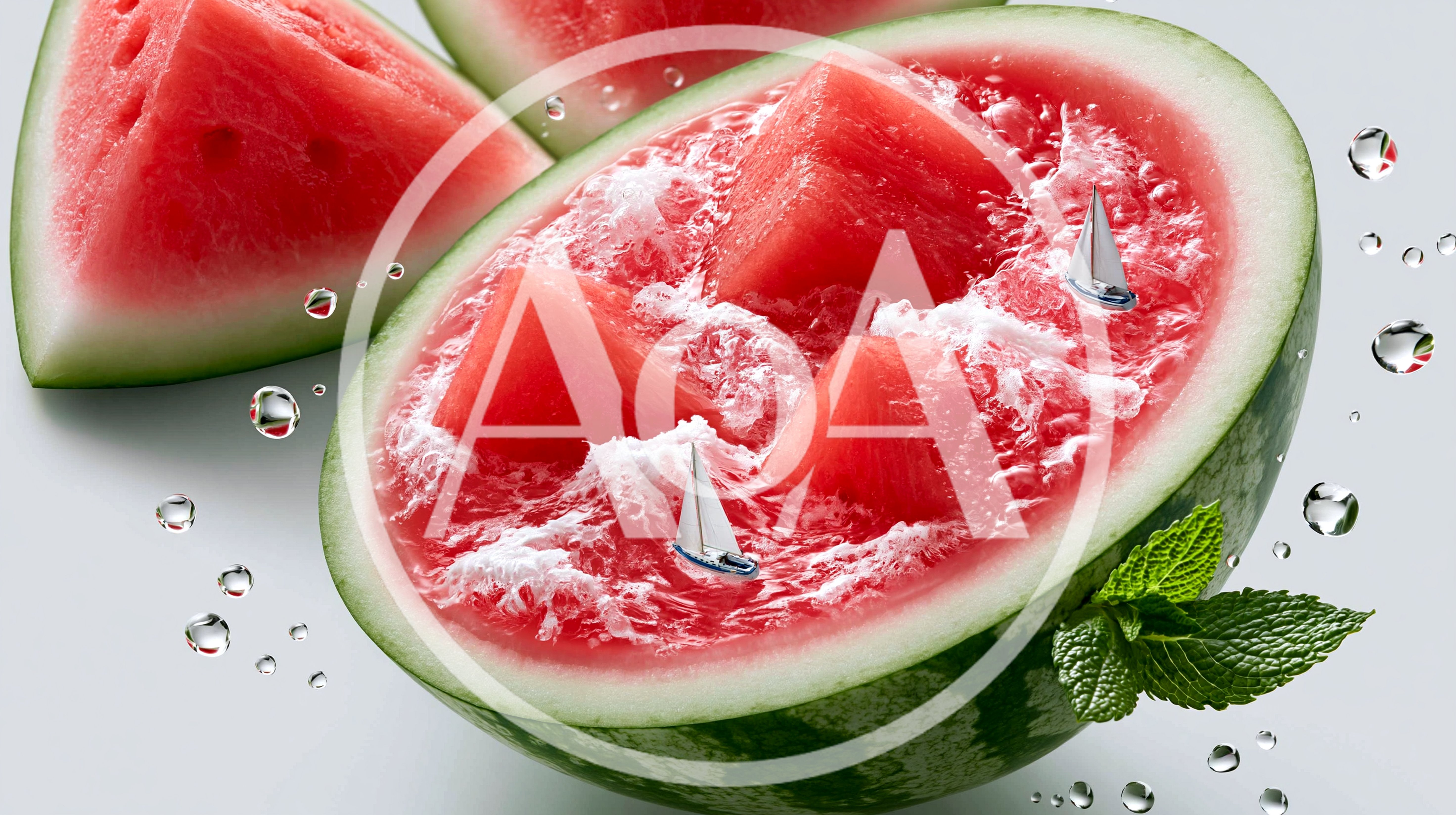 Surreal Watermelon Half With Miniature Sailboats And Waves