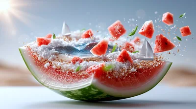 Surreal Watermelon Slice With Miniature Sailboats And Fruit