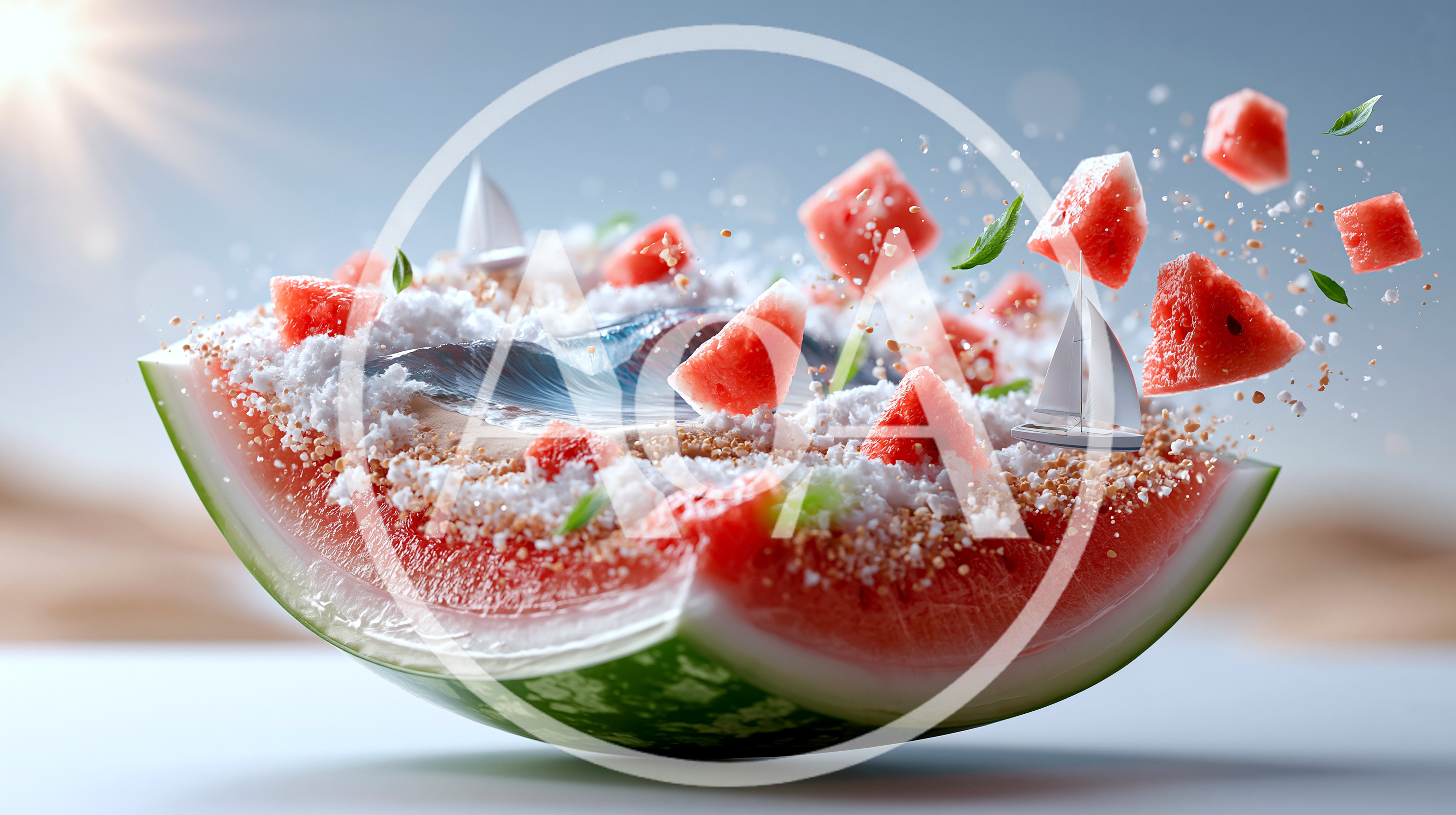 Surreal Watermelon Slice With Miniature Sailboats And Fruit