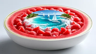 Surreal Watermelon Bowl Containing A Tropical Ocean Scene