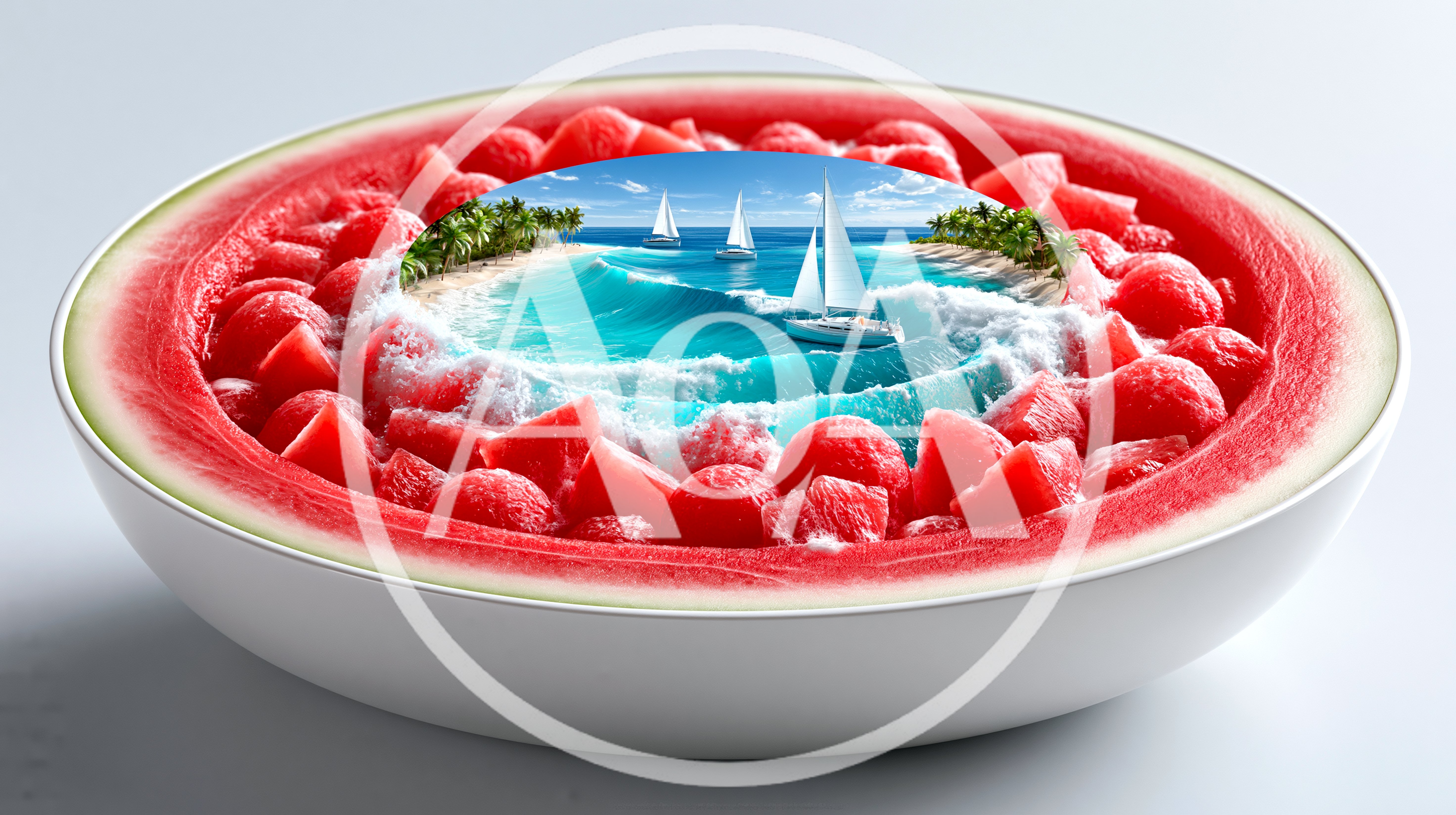 Surreal Watermelon Bowl Containing A Tropical Ocean Scene
