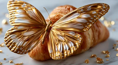 Golden Butterfly Resting On A Flaky Croissant