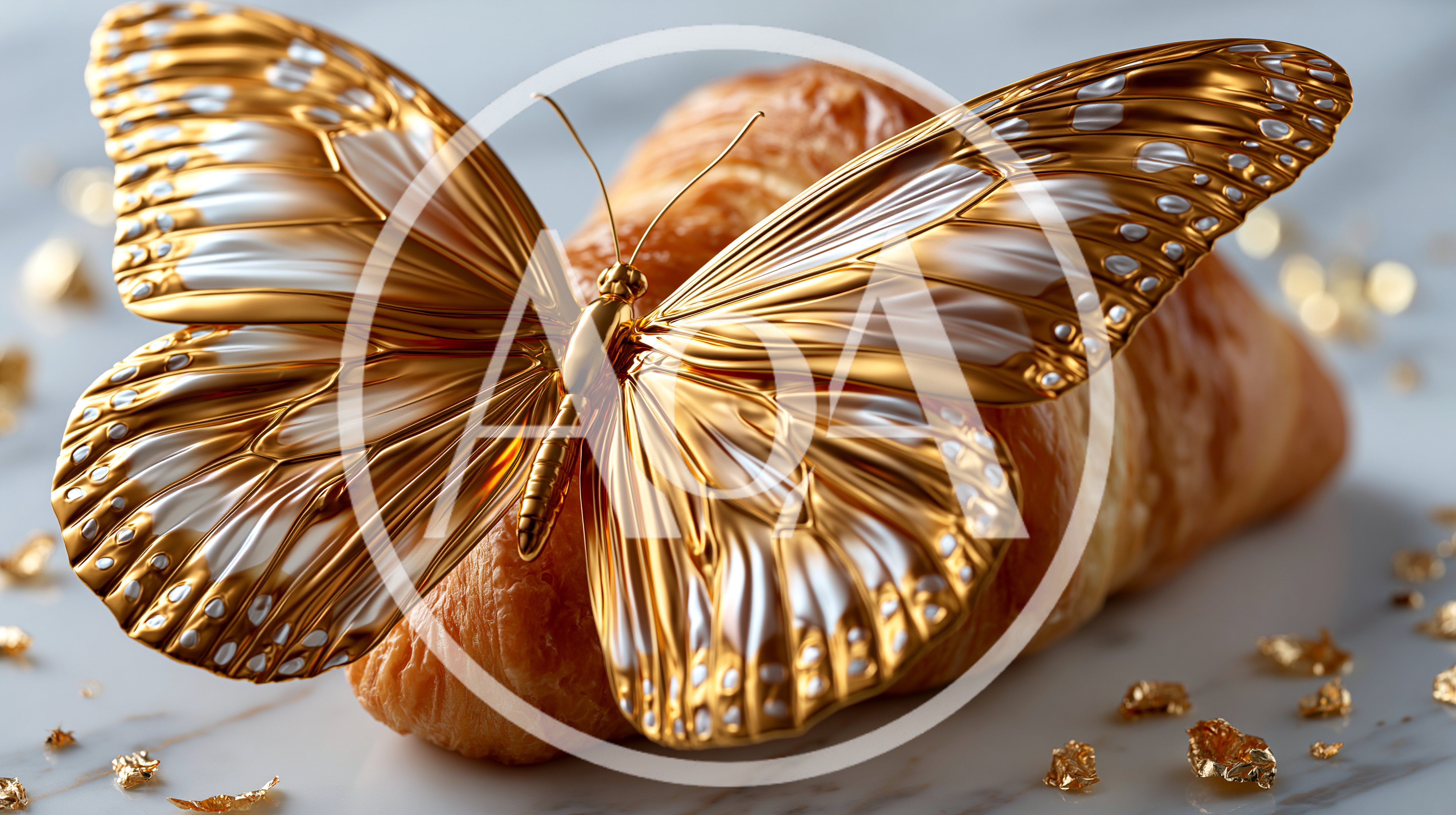 Golden Butterfly Resting On A Flaky Croissant