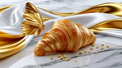 Golden Butterfly Resting On A Fresh Croissant