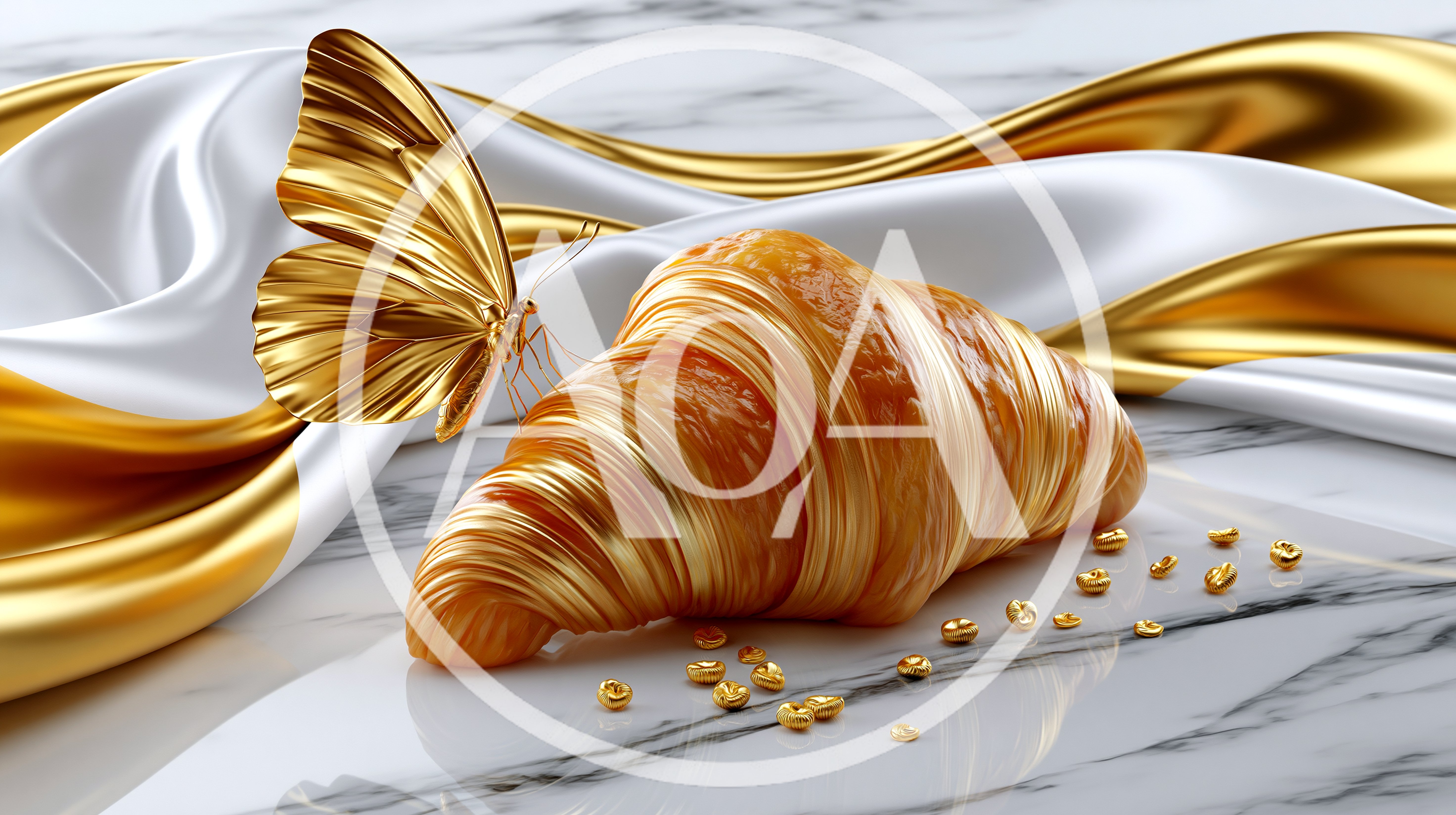 Golden Butterfly Resting On A Fresh Croissant