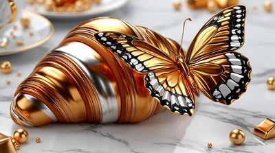 Golden Butterfly Resting On A Metallic Croissant
