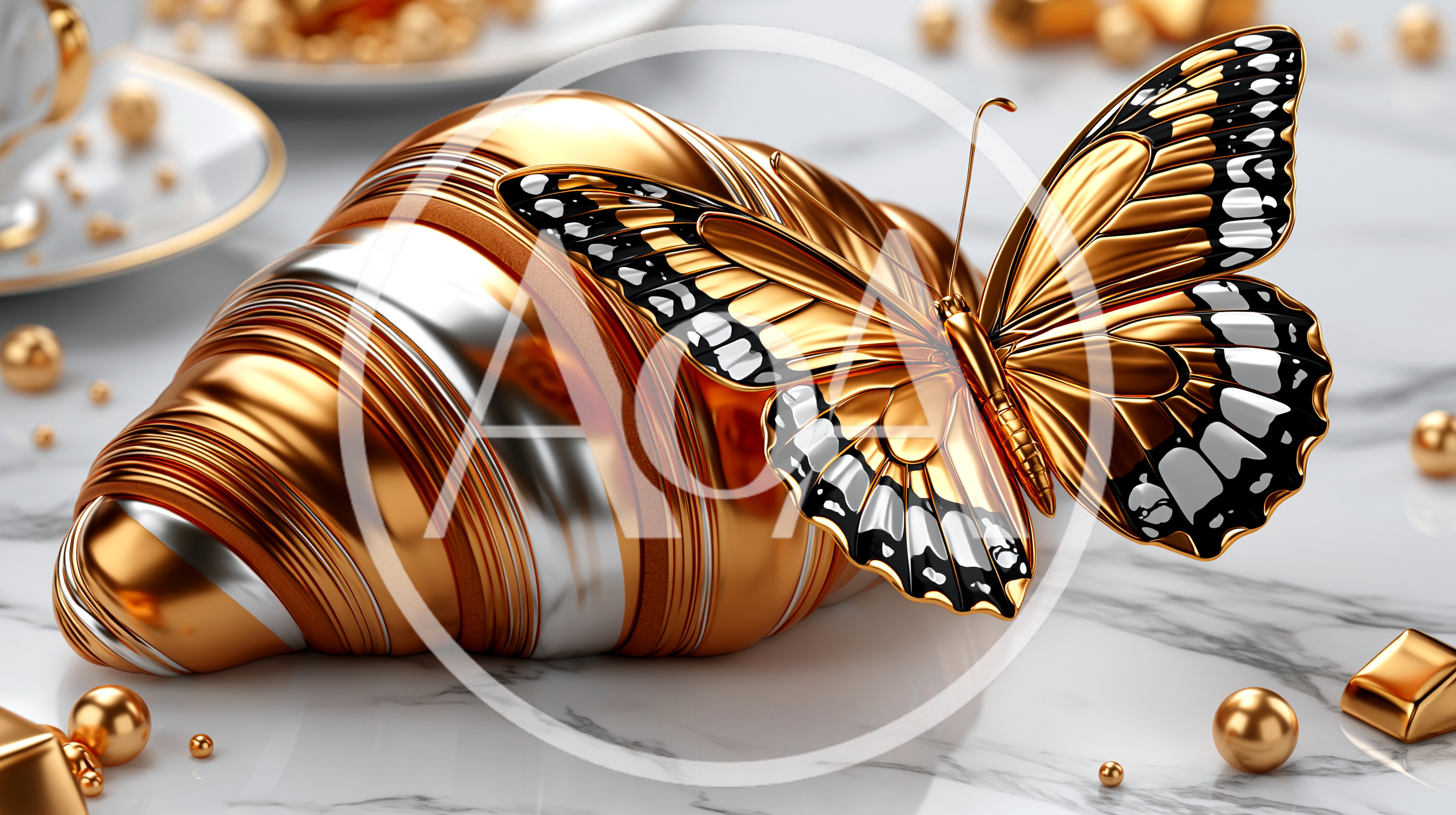 Golden Butterfly Resting On A Metallic Croissant