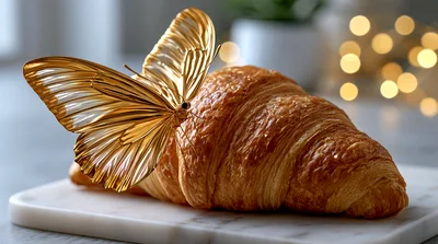 Golden Butterfly Resting On A Fresh Flaky Croissant