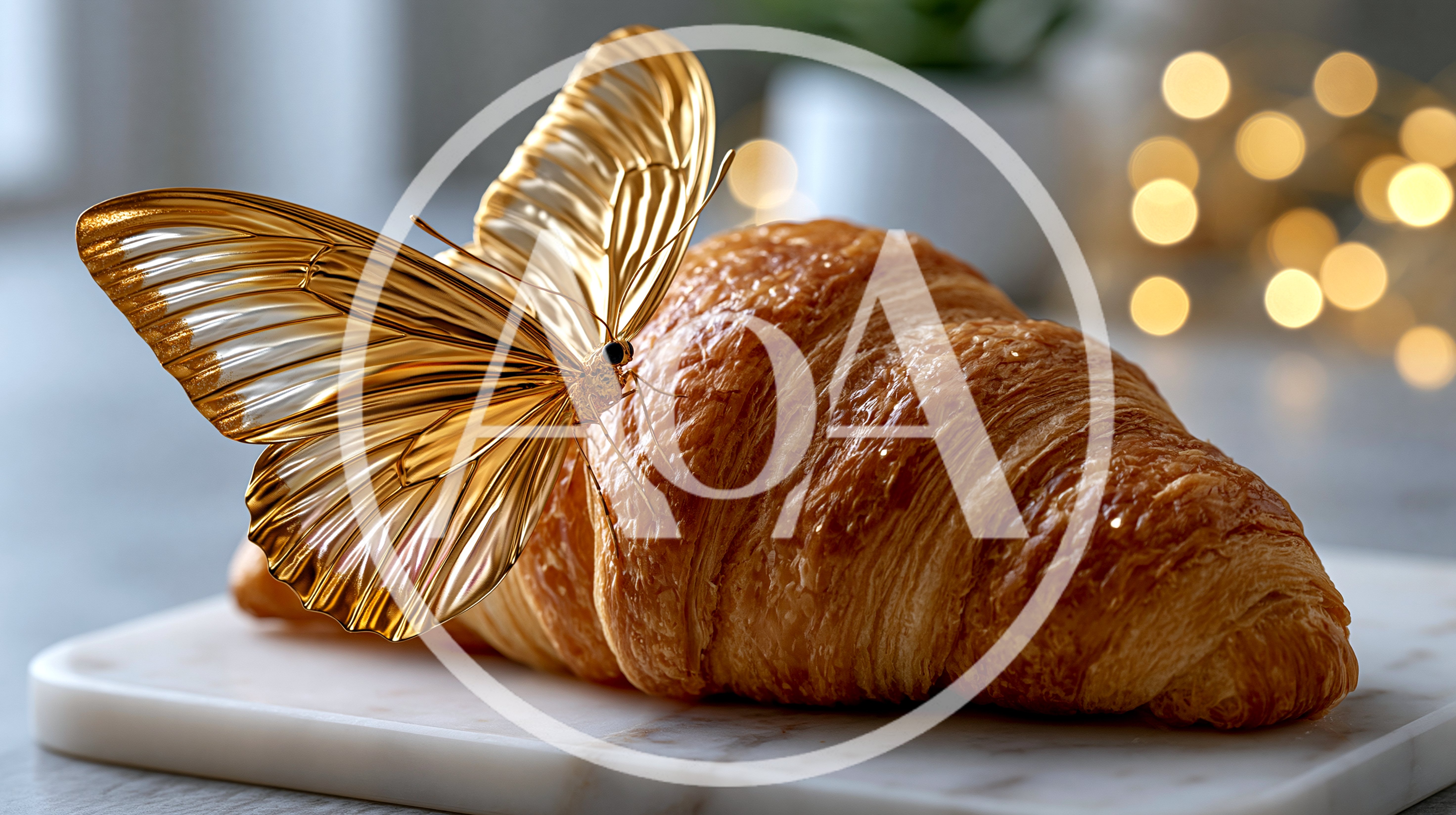 Golden Butterfly Resting On A Fresh Flaky Croissant