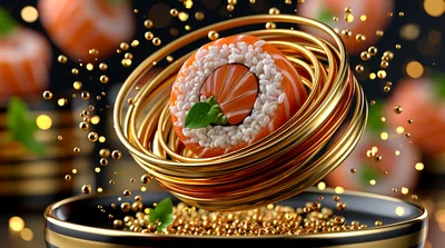 Sushi Roll Surrounded By Floating Golden Rings