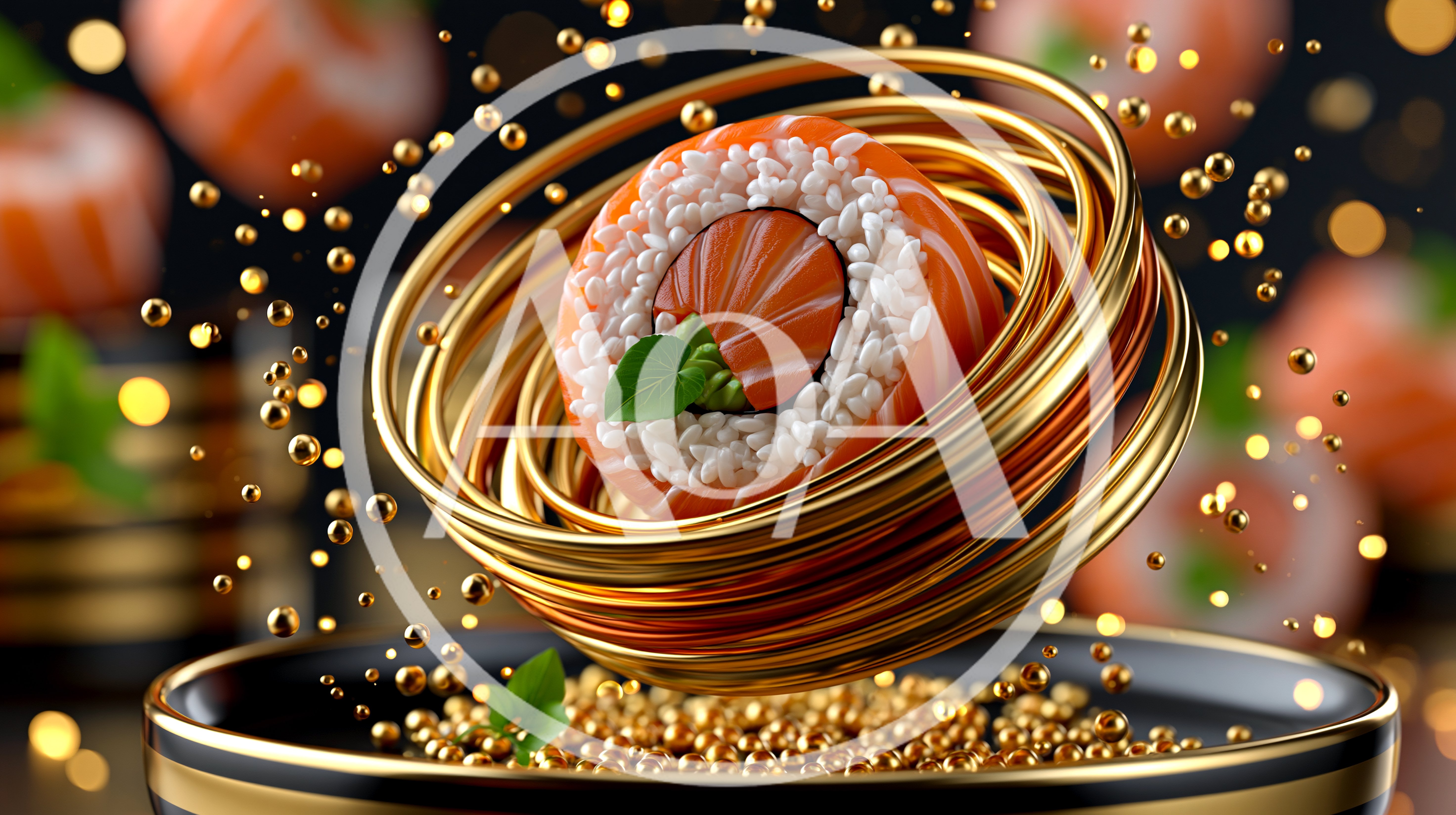 Sushi Roll Surrounded By Floating Golden Rings