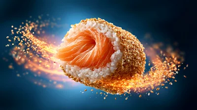 Salmon Sushi Roll Surrounded By Flying Sesame Seeds