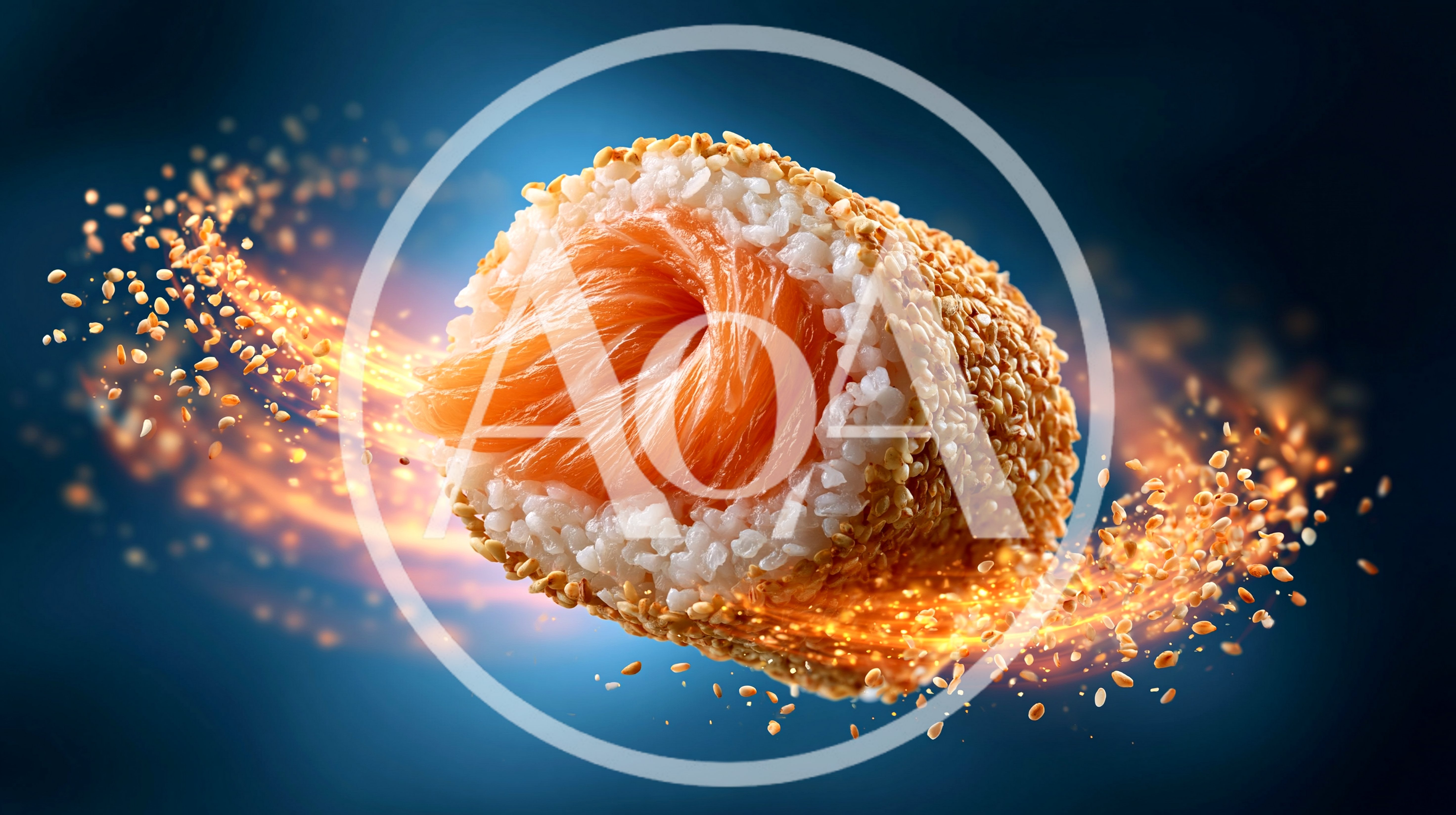 Salmon Sushi Roll Surrounded By Flying Sesame Seeds