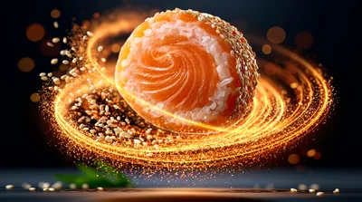 Salmon Sushi Roll Surrounded By Glowing Golden Light Particles