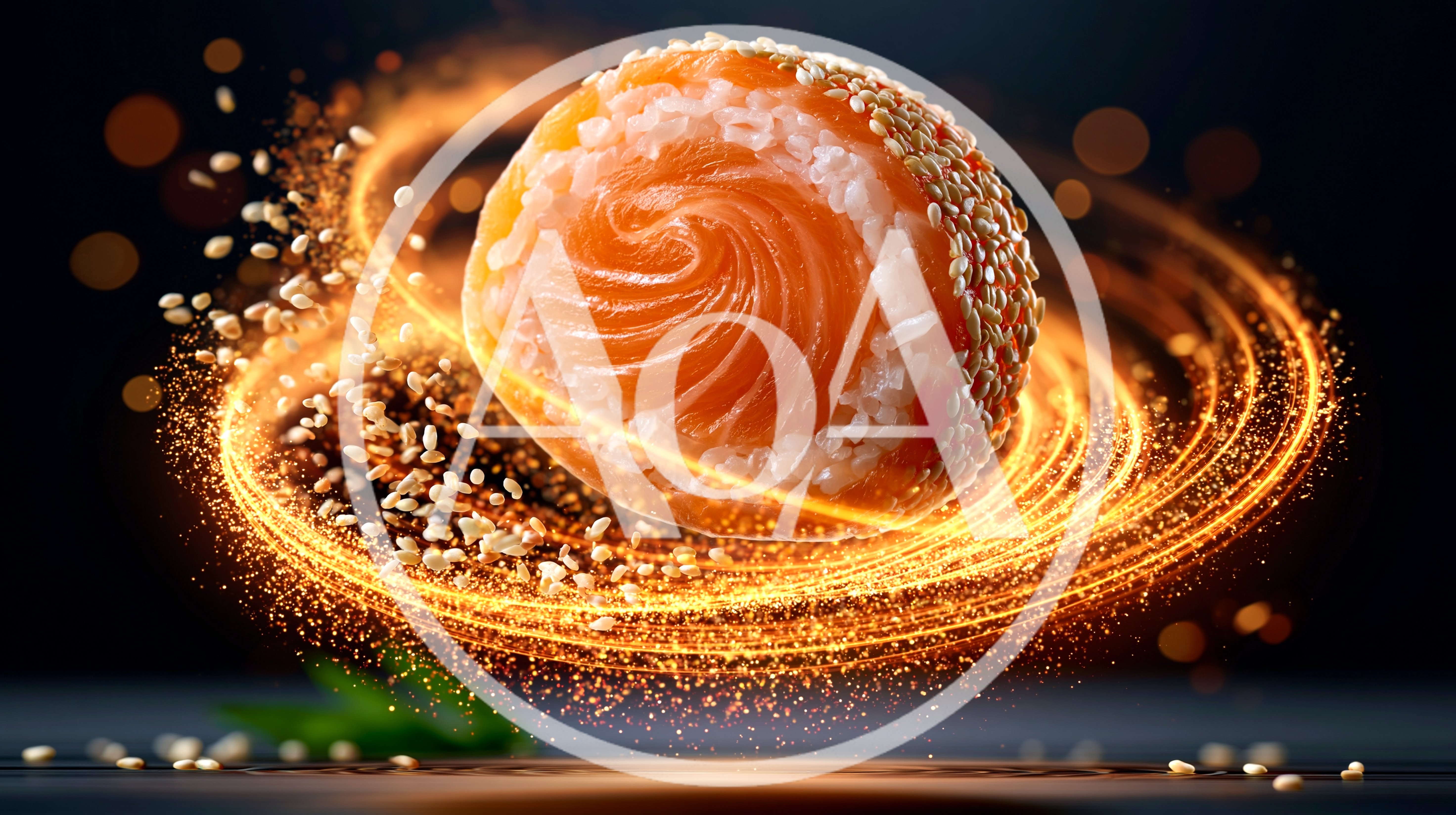 Salmon Sushi Roll Surrounded By Glowing Golden Light Particles