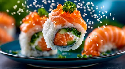 Salmon Sushi Rolls With Flying Sesame Seeds