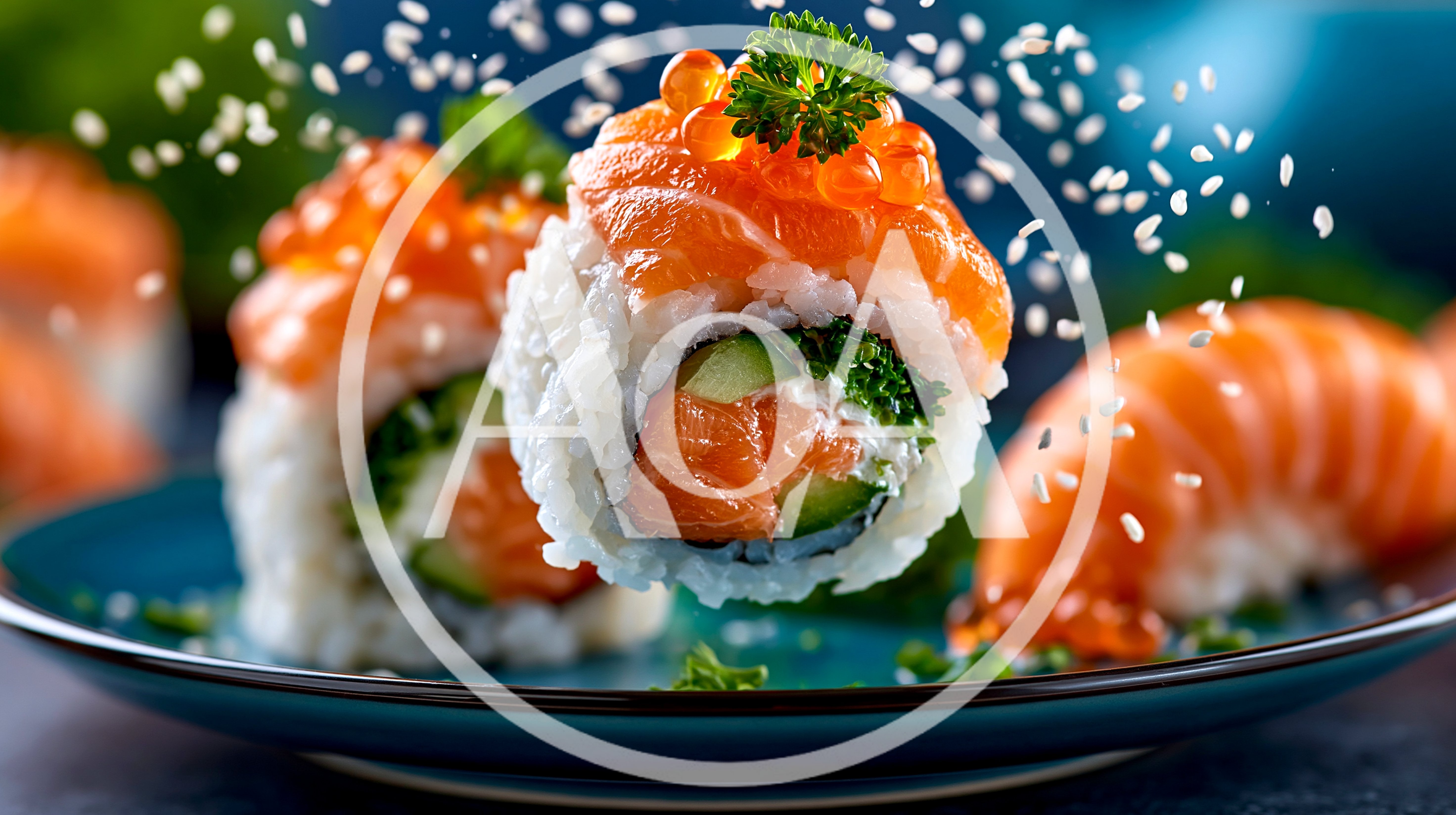 Salmon Sushi Rolls With Flying Sesame Seeds