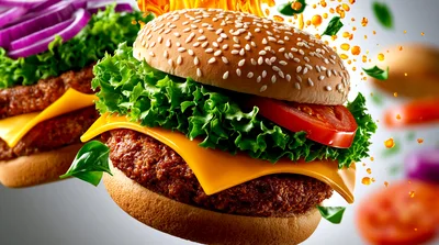 Two Delicious Cheeseburgers With Fresh Ingredients Floating