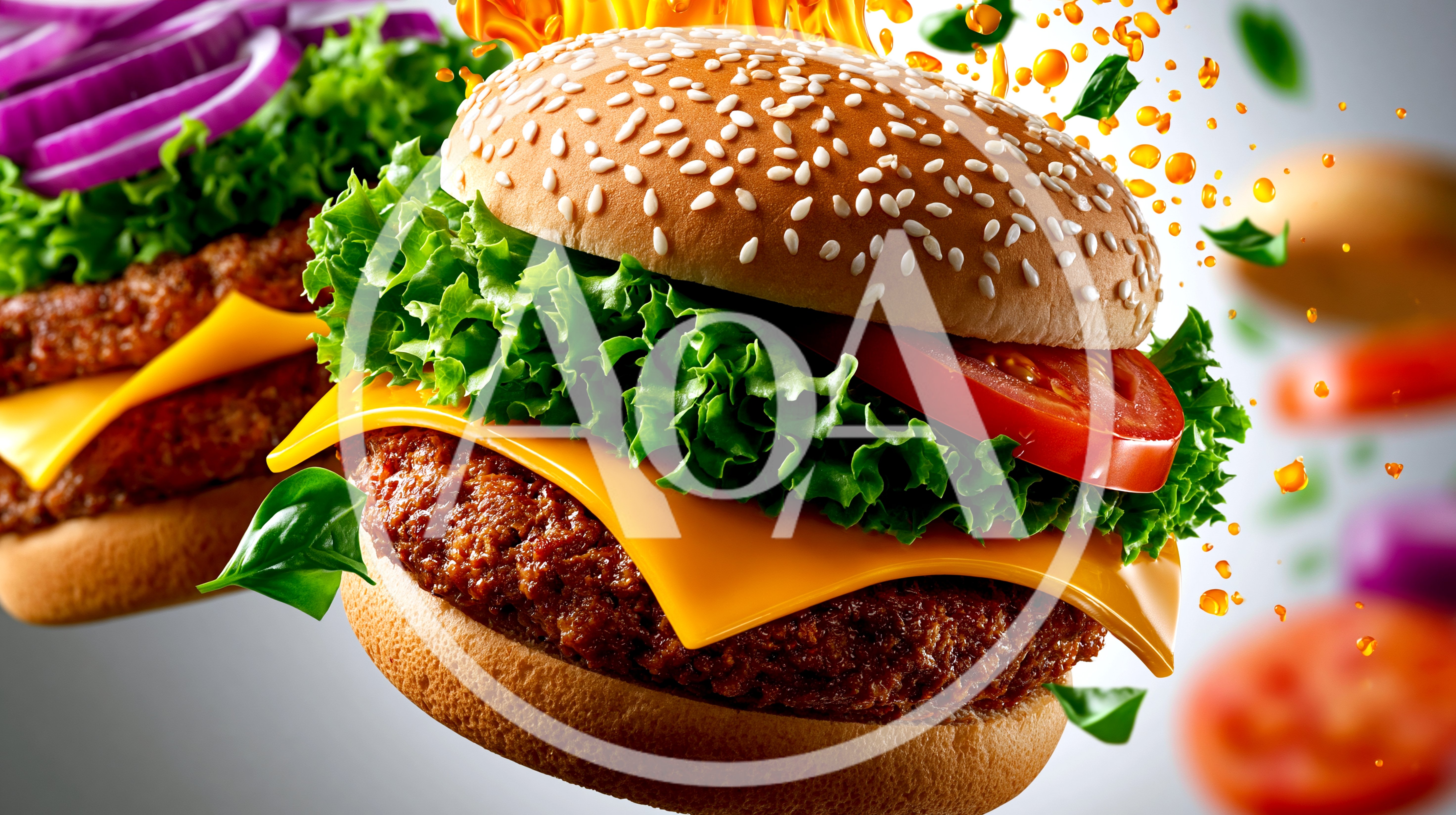 Two Delicious Cheeseburgers With Fresh Ingredients Floating