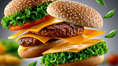 Floating Deconstructed Cheeseburger With Fresh Lettuce And Tomato