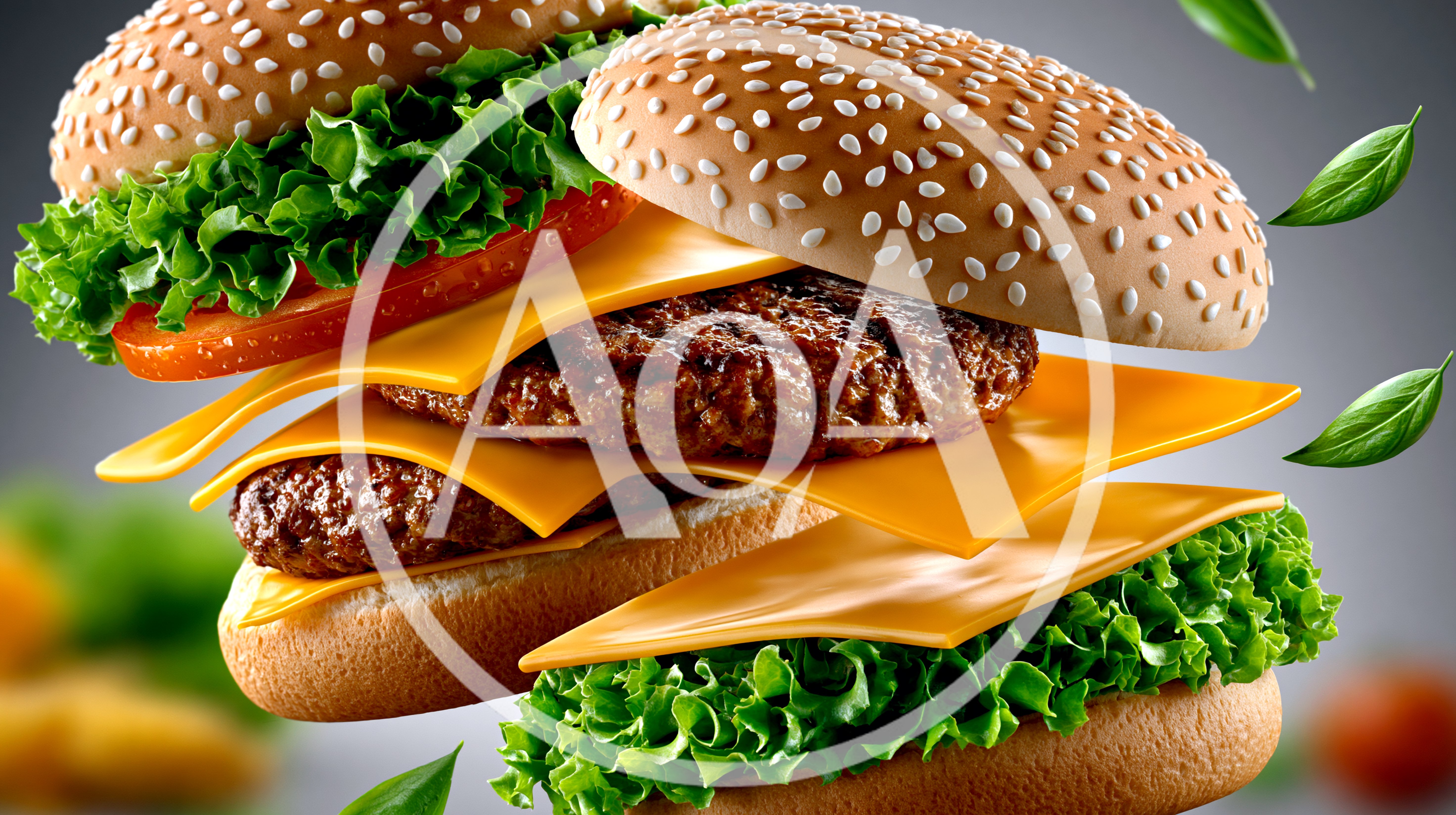 Floating Deconstructed Cheeseburger With Fresh Lettuce And Tomato