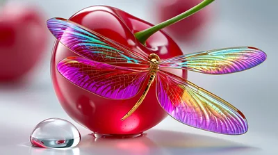 Iridescent Dragonfly Resting On A Glossy Red Cherry