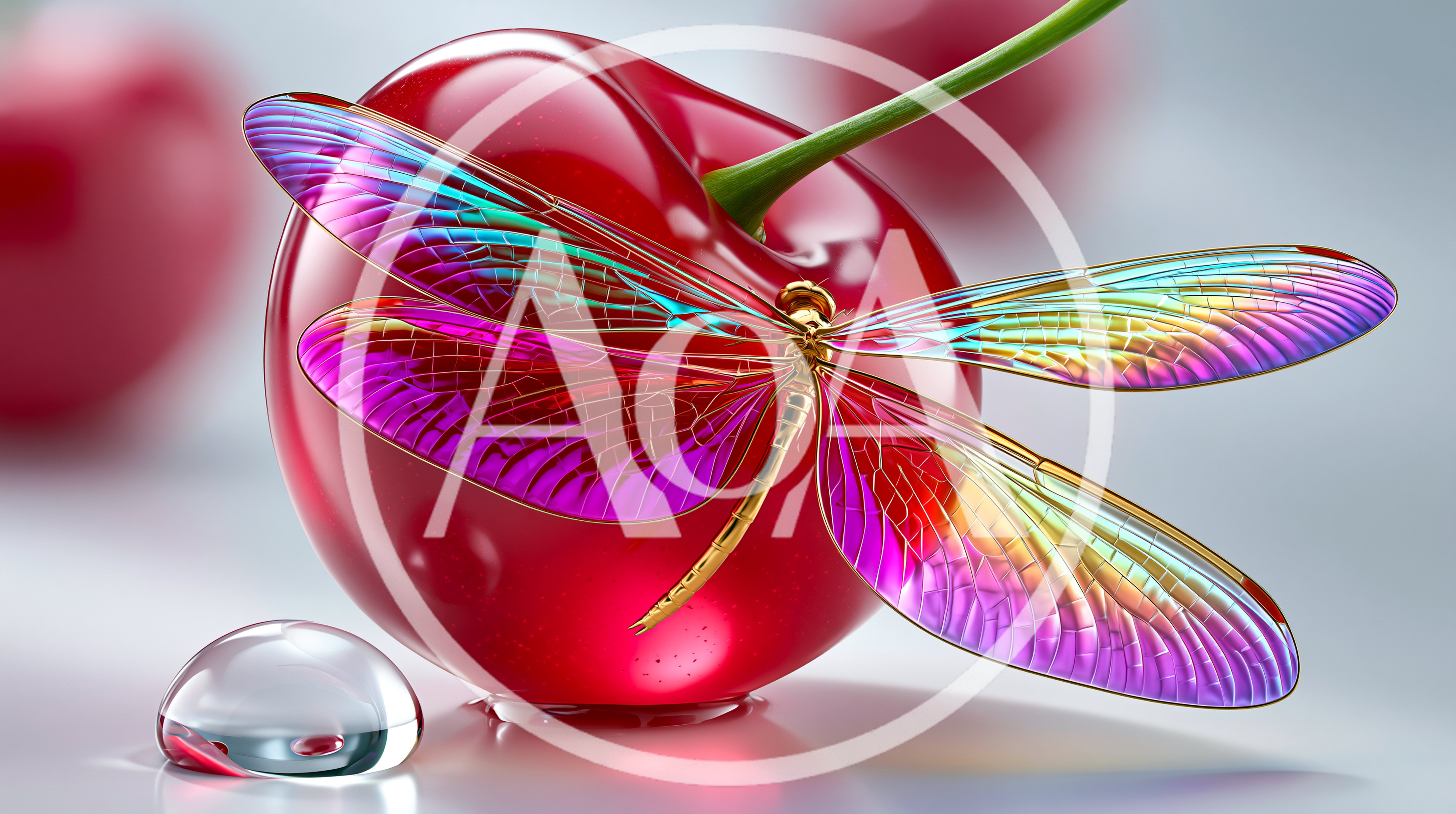 Iridescent Dragonfly Resting On A Glossy Red Cherry