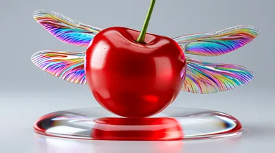 Surreal Cherry With Iridescent Dragonfly Wings