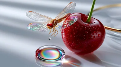 Dragonfly Hovering Near A Dew Covered Cherry