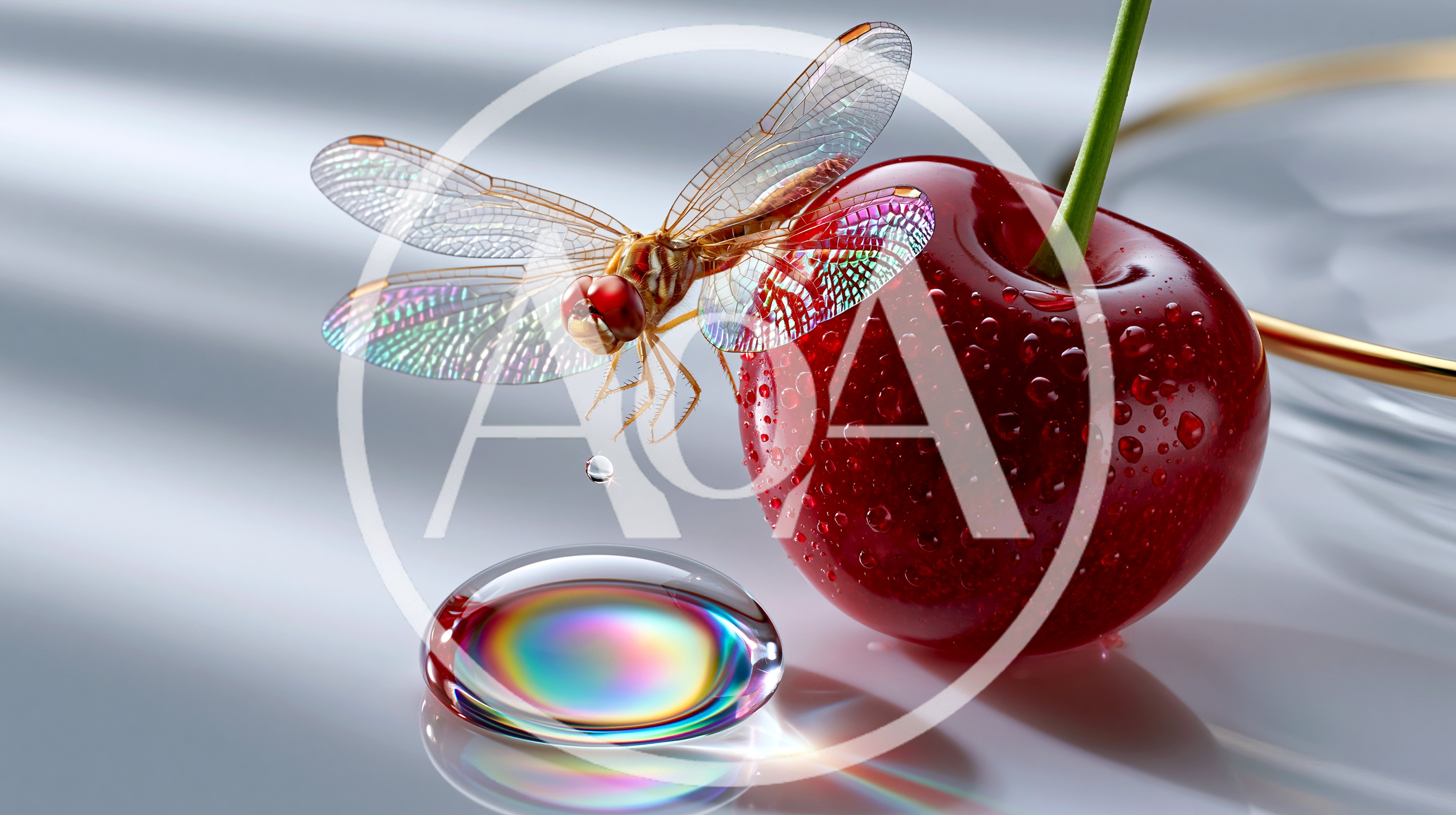 Dragonfly Hovering Near A Dew Covered Cherry