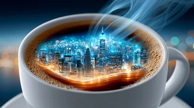Surreal Cityscape Inside A Steaming Coffee Cup
