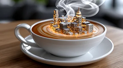 Miniature Cityscape Inside A Coffee Cup
