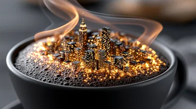 Miniature Glowing Cityscape Inside A Coffee Cup