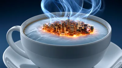 Miniature City Skyline Floating Inside A Coffee Cup