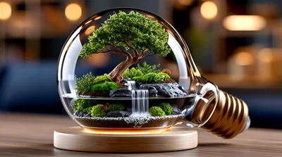 Miniature Bonsai Tree Inside A Glass Light Bulb Terrarium