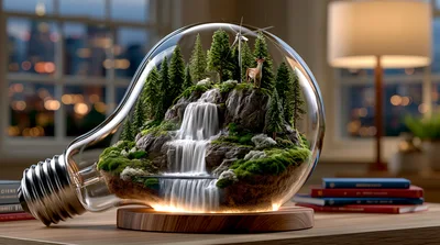 Miniature Forest Waterfall Inside A Glass Light Bulb