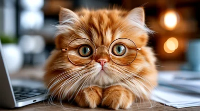 Fluffy Ginger Cat Wearing Glasses At A Desk