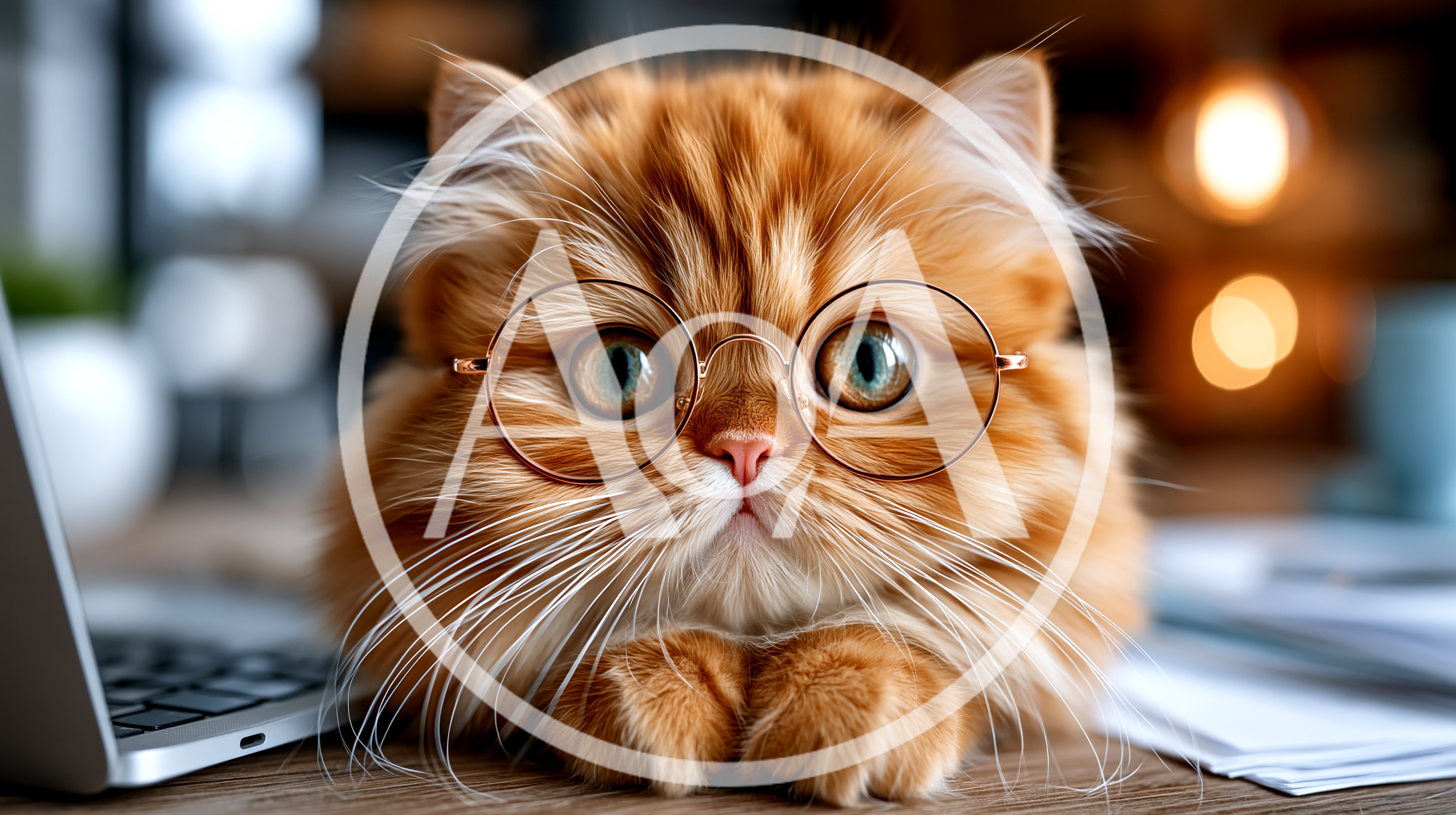 Fluffy Ginger Cat Wearing Glasses At A Desk