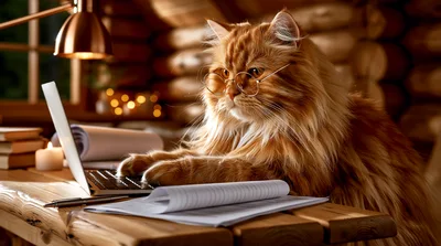 Fluffy Ginger Cat Wearing Glasses Working On Laptop