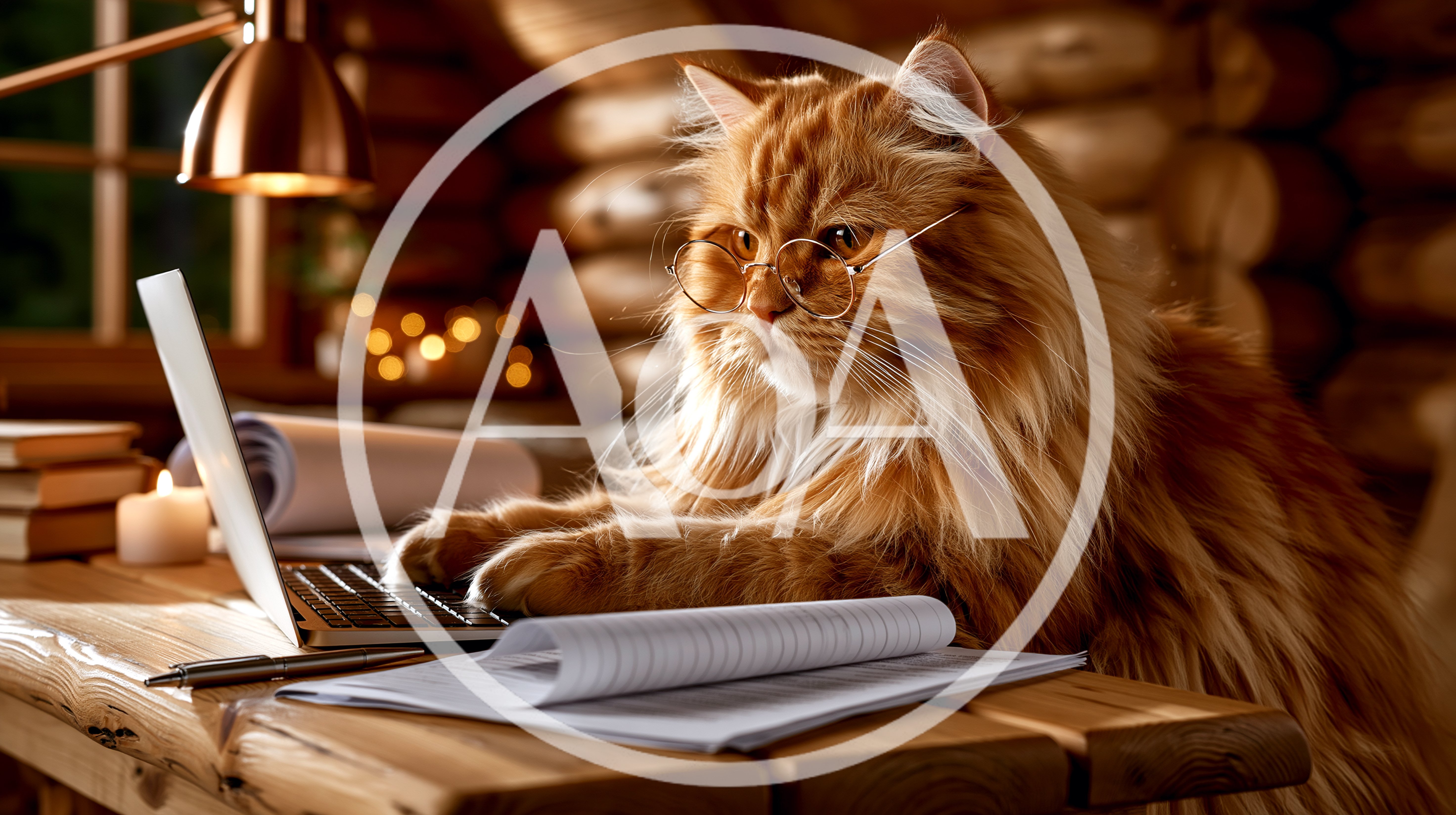 Fluffy Ginger Cat Wearing Glasses Working On Laptop