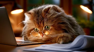 Fluffy Cat Wearing Glasses Working On A Laptop