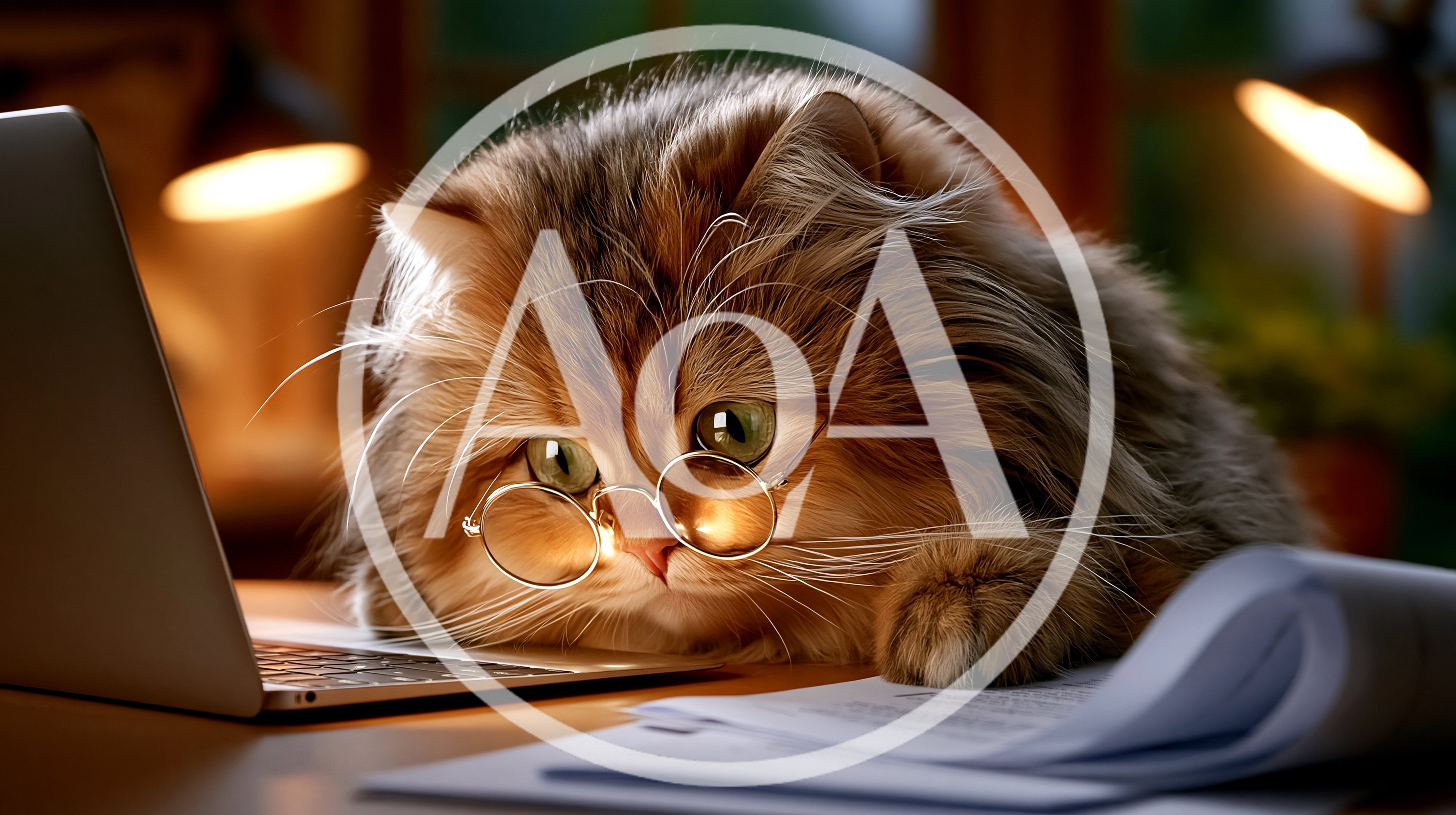 Fluffy Cat Wearing Glasses Working On A Laptop