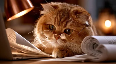 Ginger Cat Wearing Glasses Reading Documents
